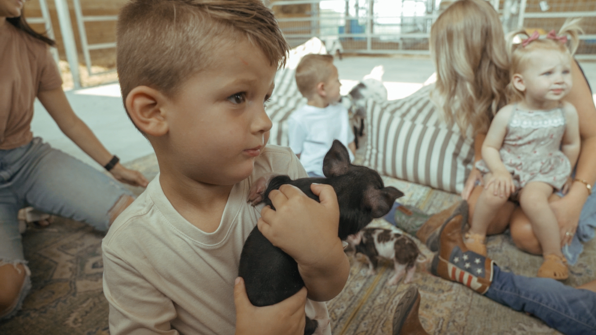 A young boy sitting on a rug in the animal barn holding a black piglet, with other children and a piglet nearby