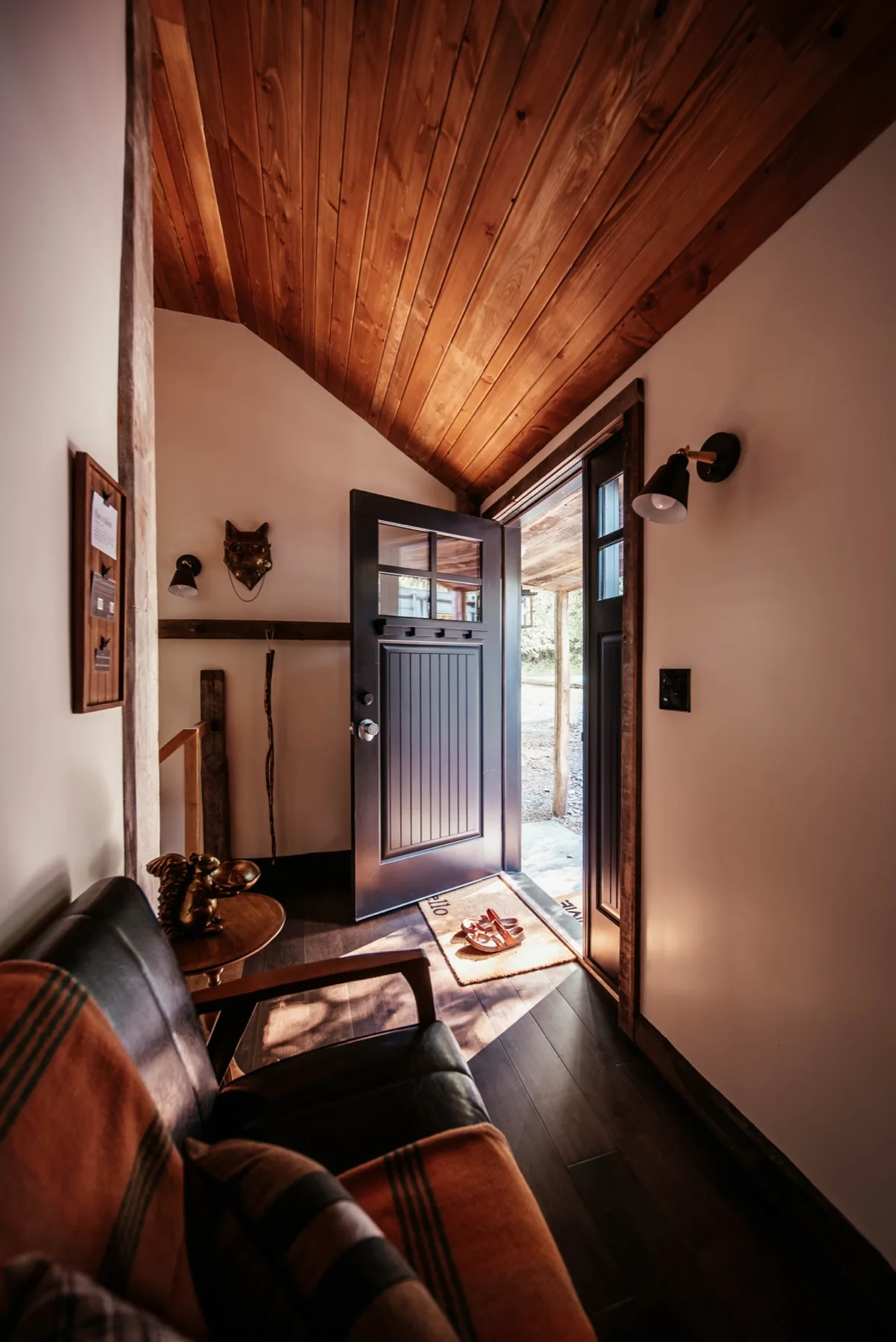 Late afternoon sun coming through the open front door of the cabin across a dark wood floor, with a plaid leather sofa alongside
