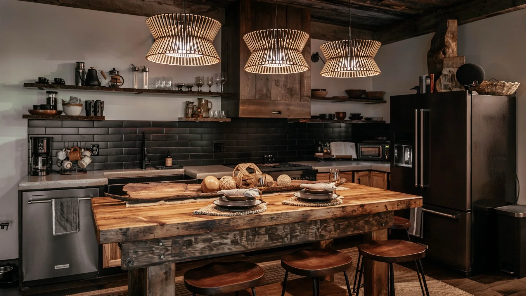 The cabin kitchen at night, black subway tile behind a live-edge wood island set for dinner under woven pendant lights