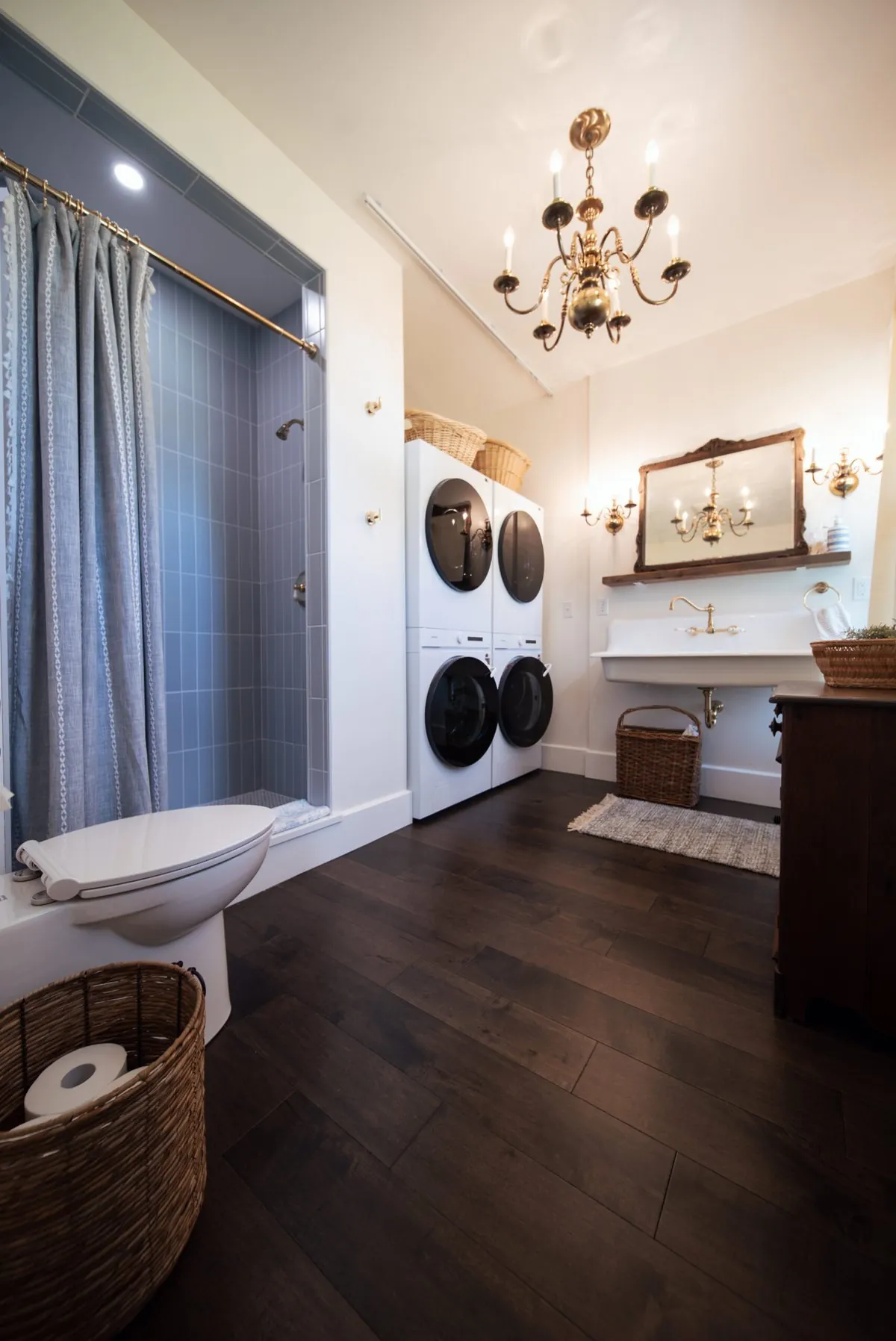 Renovated bathroom with a freestanding vanity and walk-in shower