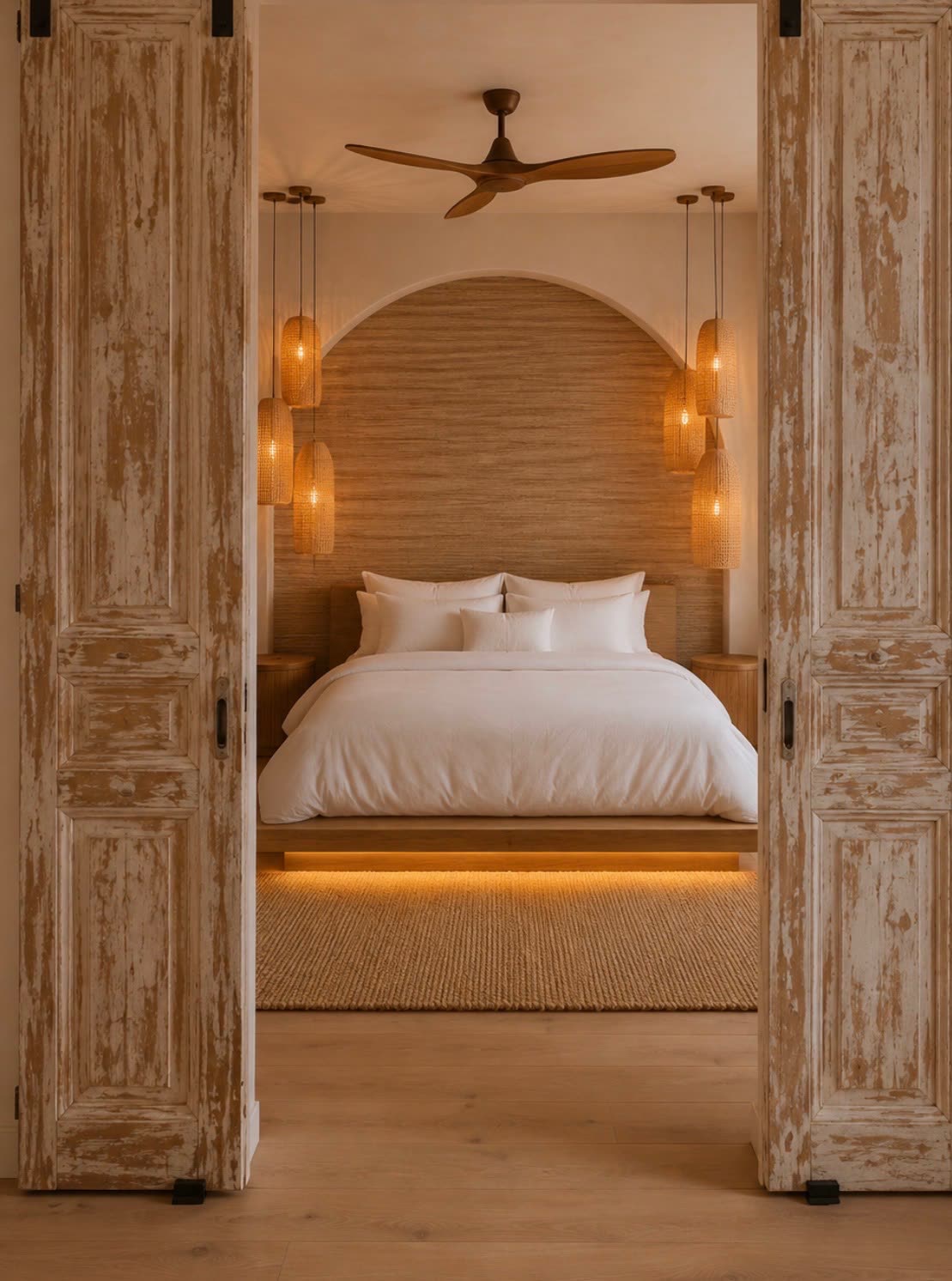Inspiration image: a bedroom with an arched grasscloth headboard wall, woven pendant lights and a low wood bed, seen through old barn doors