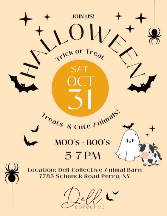 Amanda's Halloween flyer: Moo's and Boo's trick or treat, Saturday October 31, 5 to 7 PM, at the Dell Collective animal barn